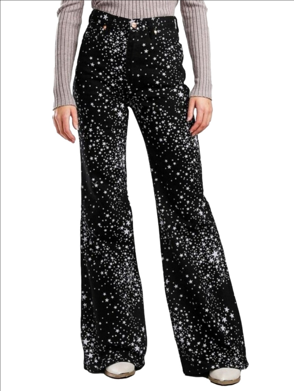 🆕⭐ WRANGLER "WANDERER" BLACK FLARE WIDE HIGH RISE JEANS WITH WHITE STARS⭐